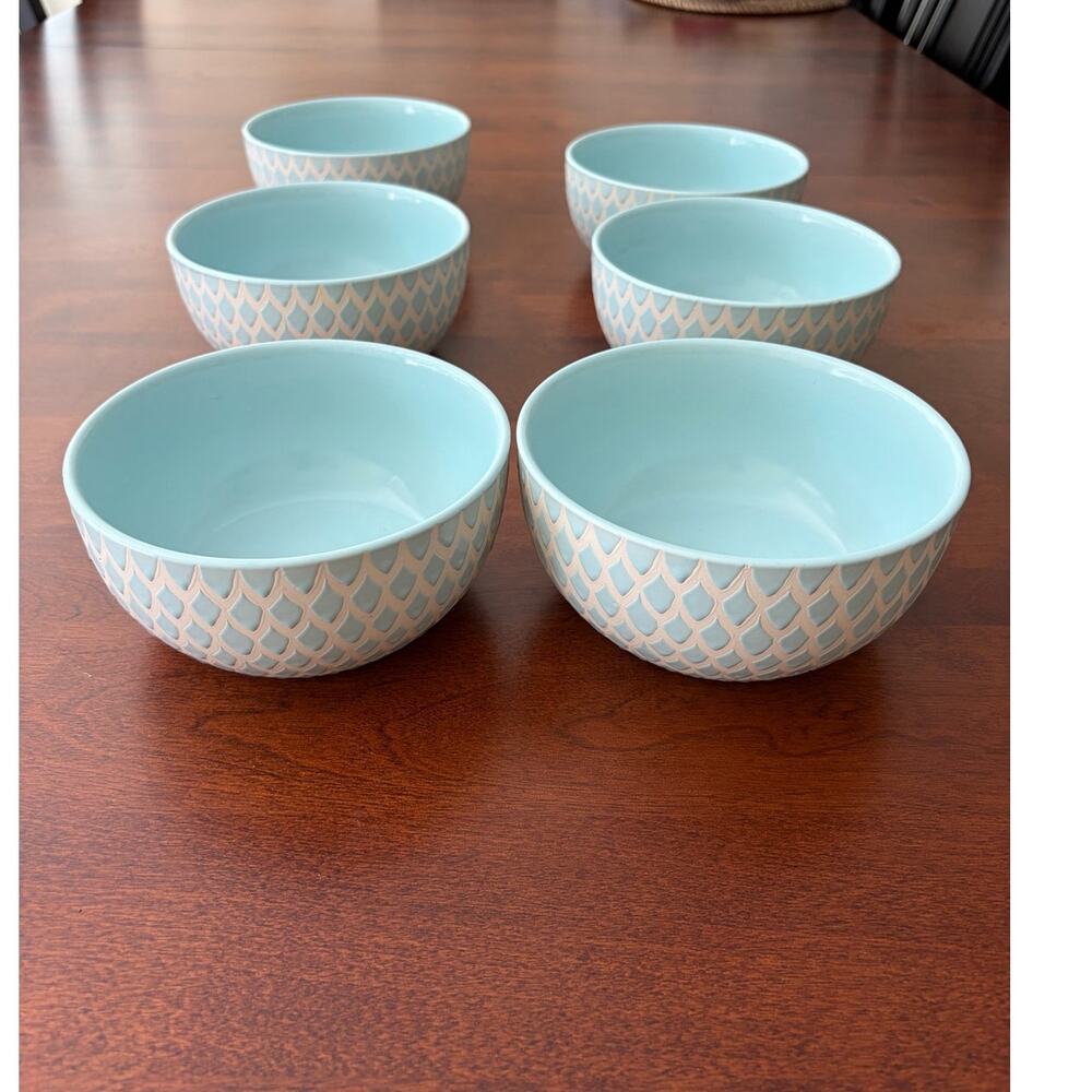 Threshold Stoneware Textured Lattice Aqua Blue 6.25" Bowls Set Of 6